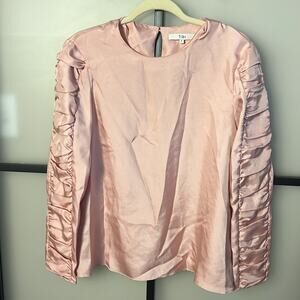 Tibi Mendini Twill Shirred Blouse Pink Satin Top Long Sleeve Round Neck Size 4